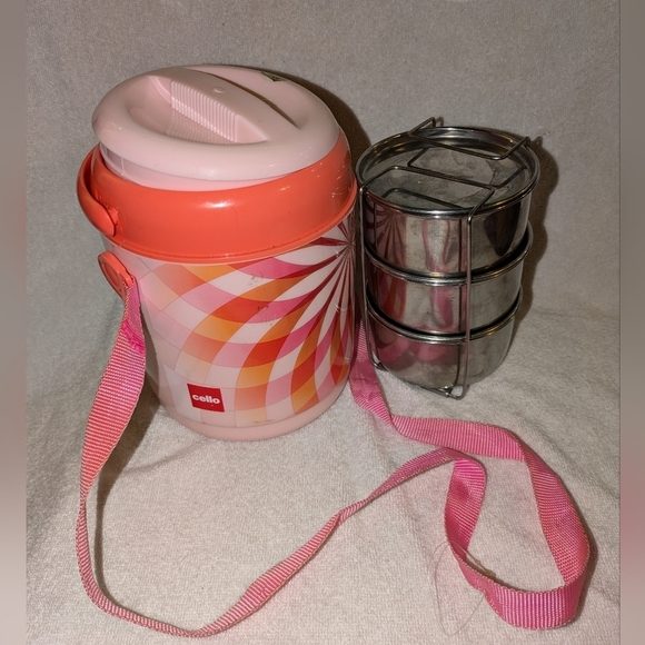 Cello Pink and Orange Insulated Lunch Carrier with Stainless Steel Containers - Picture 1 of 8
